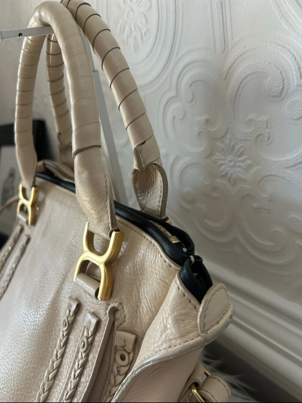 Chloe Beige Braided Satchel with Gold Hardware